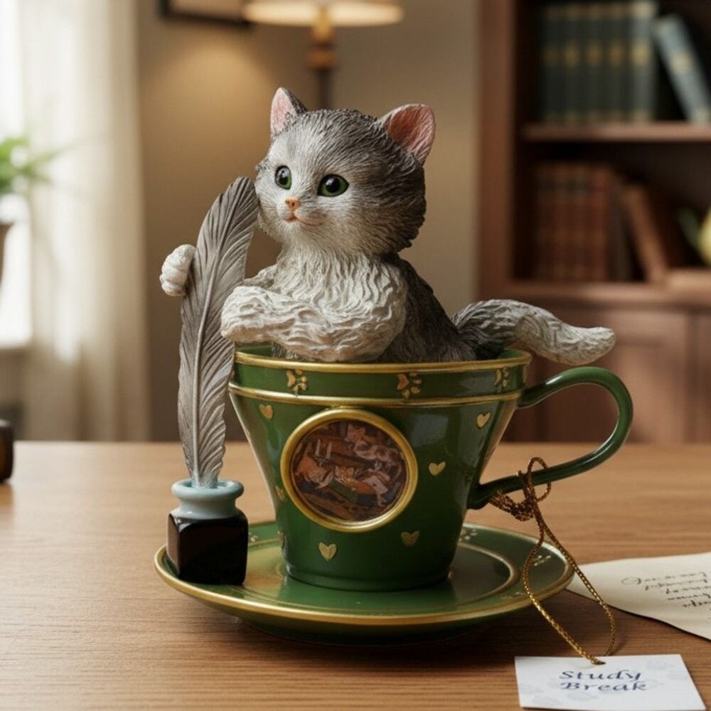 Vintage 1990s Jurgen Scholz Cozy Kitten Teacup Study Break LE 0680 Cat Figurine
